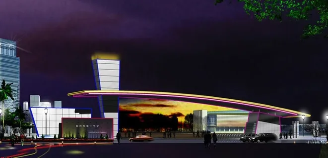 学校中学大门灯光夜景效果图片