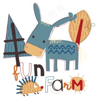 印花矢量图 男童 动物 小毛驴 卡...