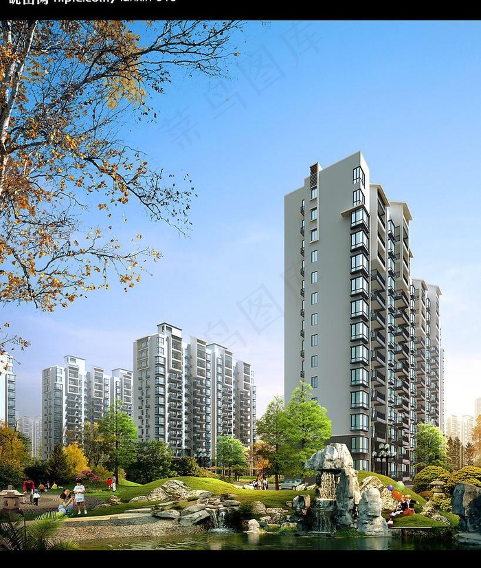 高层住宅区景观透视效果图图片(3200X4000(DPI:72))psd模版下载