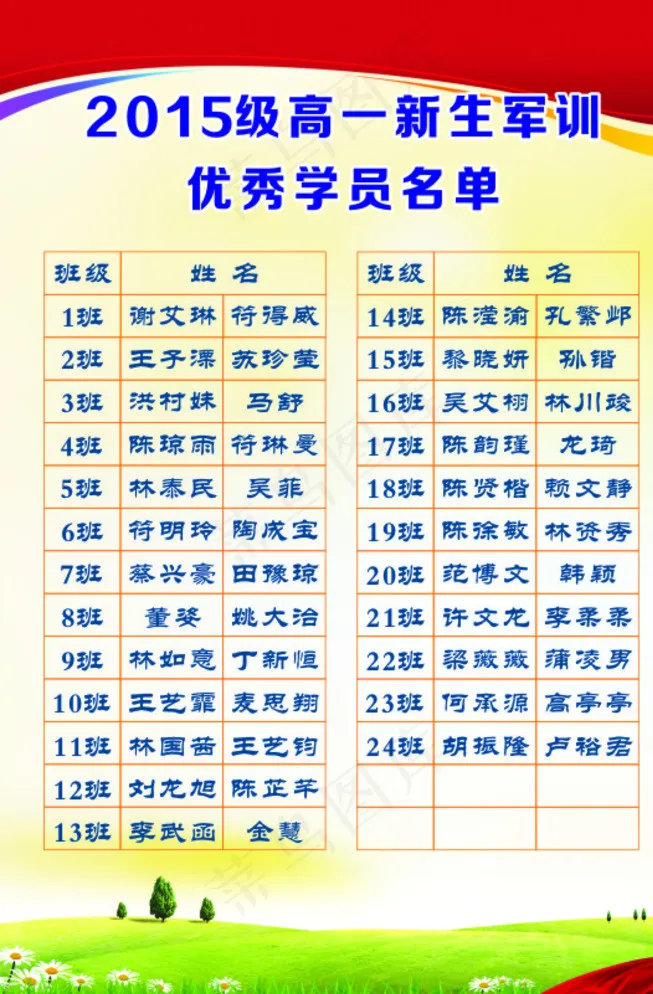 高一新生军训优秀学员名单图片cdr矢量模版下载
