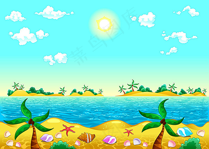 卡通海滩椰树风景插画eps,ai矢量模版下载