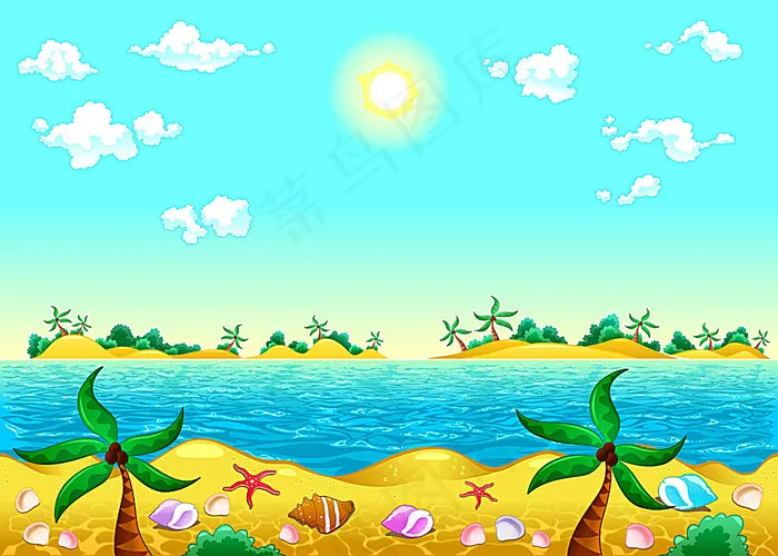 卡通海滩椰树风景插画eps,ai矢量模版下载