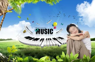 弧形钢琴键和草地上的女孩