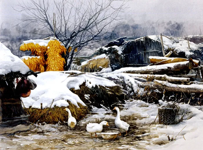 冬天的乡村风景油画