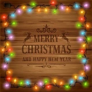 彩灯装饰圣诞木纹贺卡