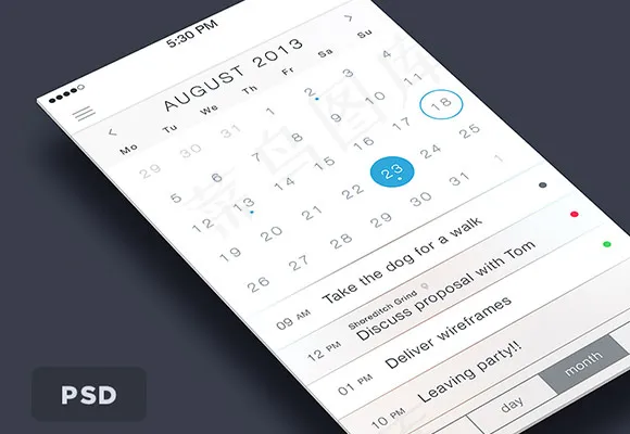 iOS日历 手机 ui设计psd模版下载