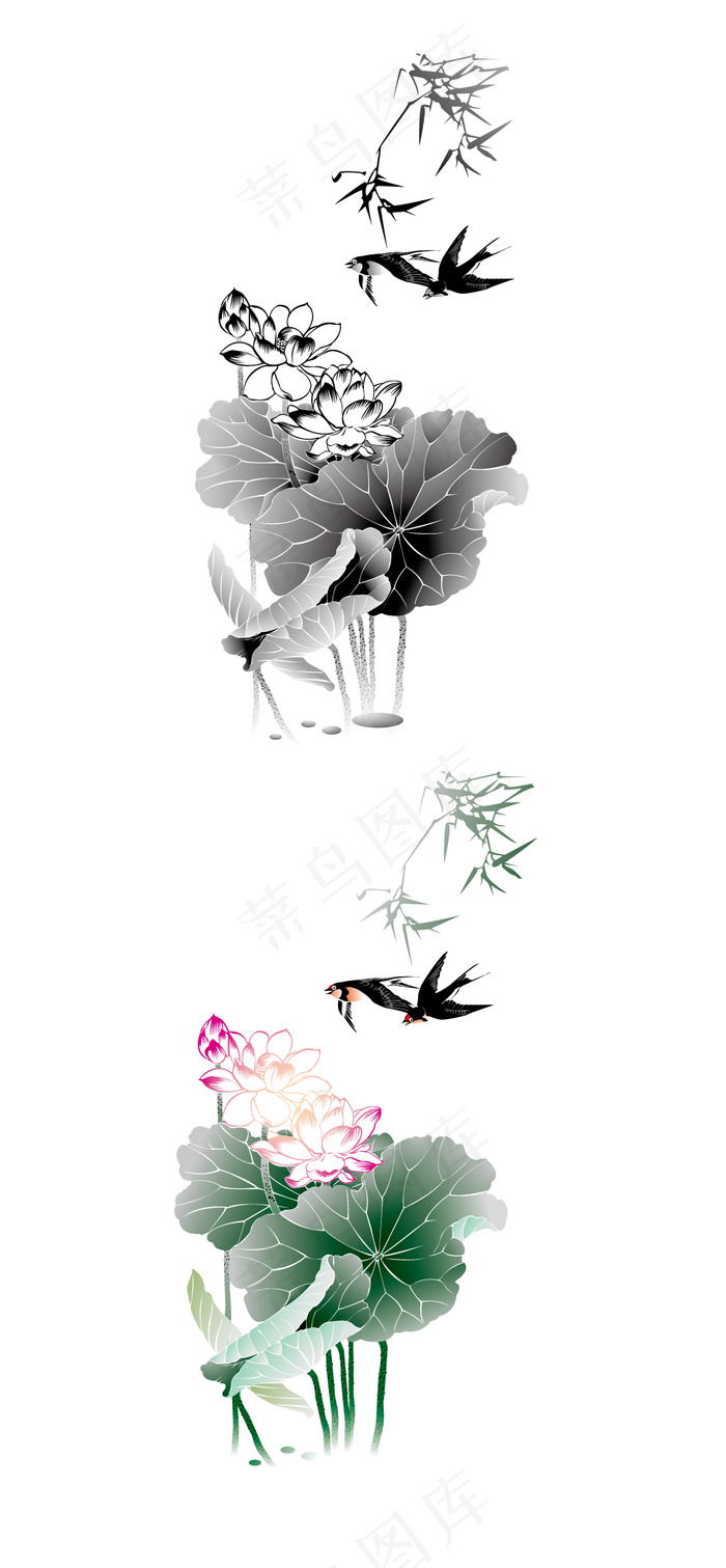 水墨画荷花燕子叶子矢量背景素材中国...