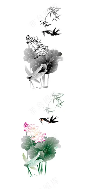 水墨画荷花燕子叶子矢量背景素材中国...