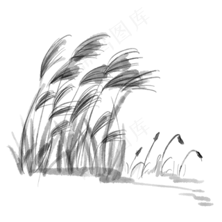 水墨中国风仙鹤芦苇元素,免抠元素