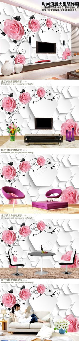 玫瑰倒影3D电视背景墙