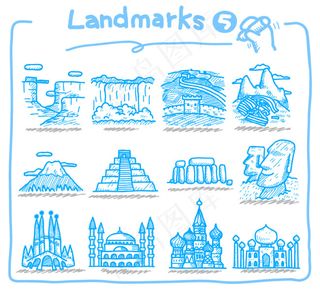 手绘旅游地标性风景建筑矢量素材