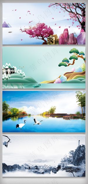 新中式水墨山水桃花展板背景素材