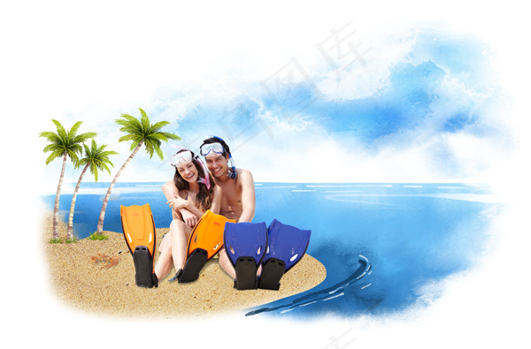 坐在沙滩恋爱情侣PSD素材