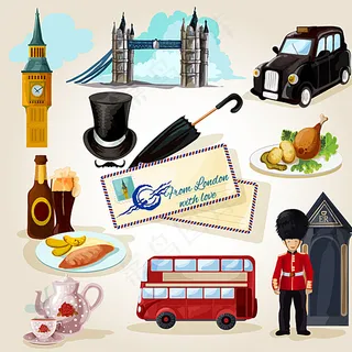 水彩绘英国旅游元素图片