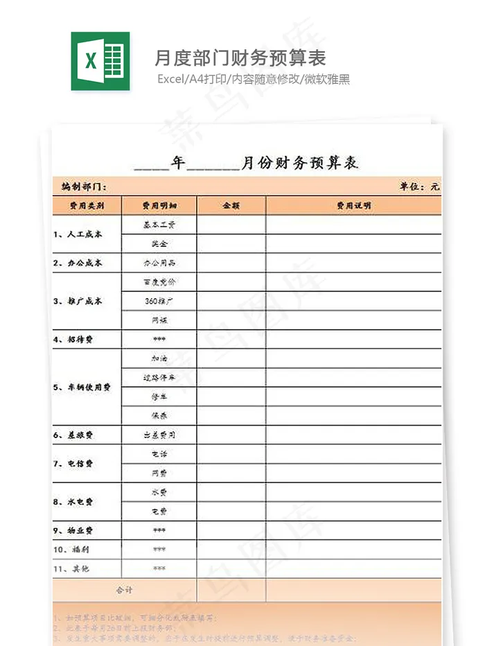 月度部门财务预算表