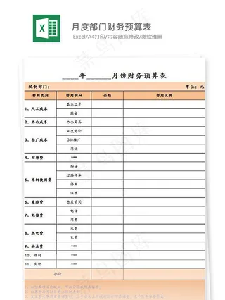 月度部门财务预算表