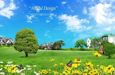 草地上的黄色花朵和绿树