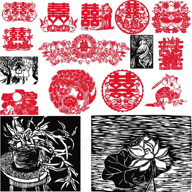 春节结婚元宵剪纸版画集合ai矢量模版下载