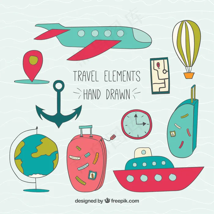 手绘旅游元素集合ai矢量模版下载