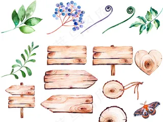 手绘彩色树叶木板花卉PNG免扣素材
