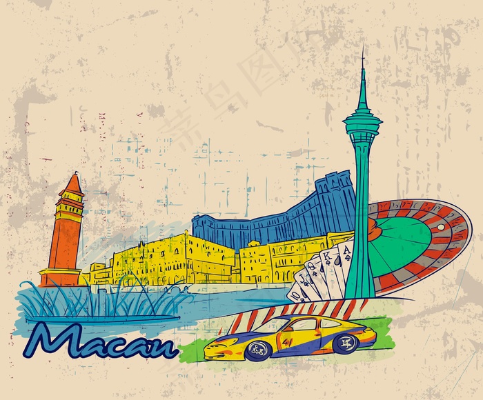 澳门的涂鸦和垃圾背景矢量插画