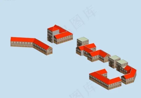 红色房顶的中国风格古代建筑群3D模...