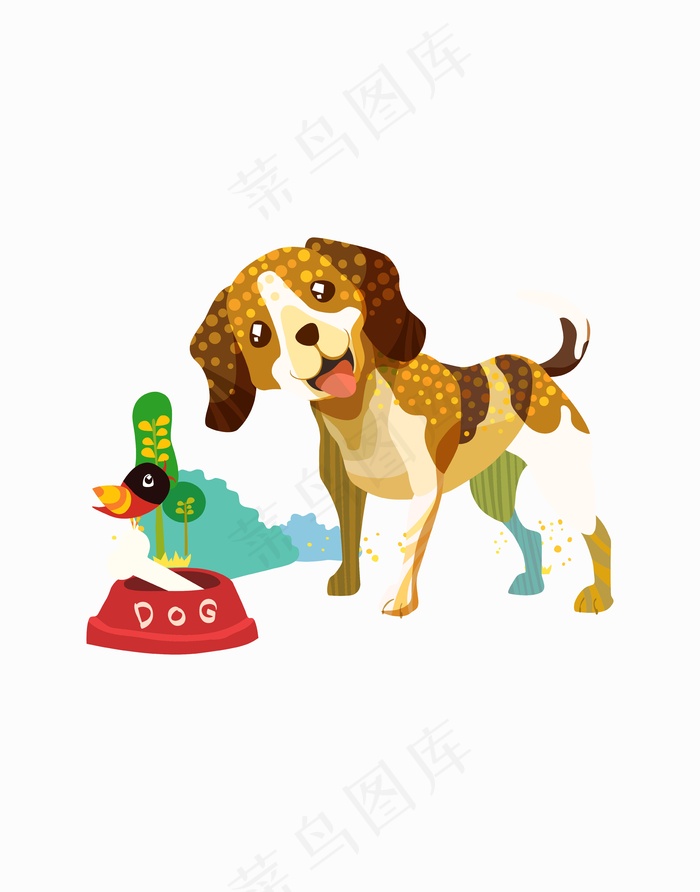 小狗卡通动物插画鸟树食盆
