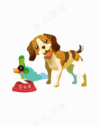 小狗卡通动物插画鸟树食盆
