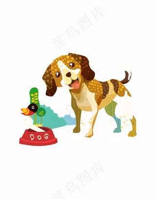 小狗卡通动物插画鸟树食盆