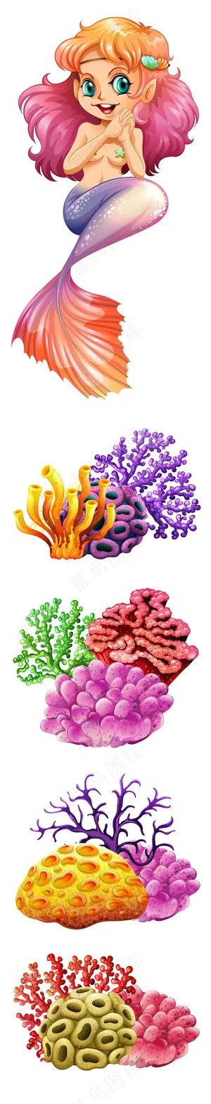 可爱手绘卡通美人鱼珊瑚海洋插画矢量...