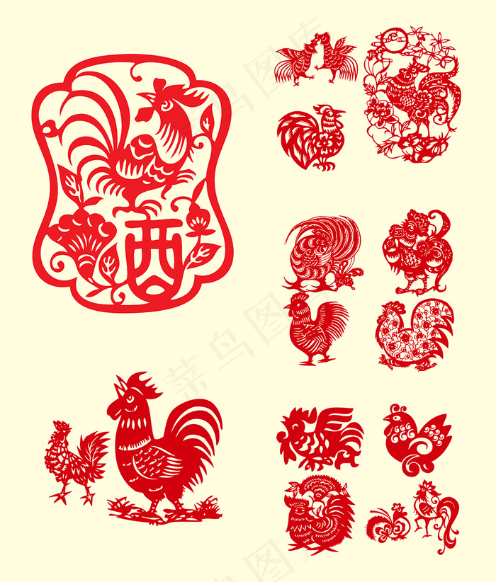 鸡年新春剪纸素材矢量模版