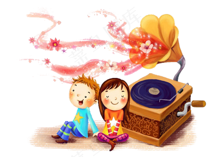童年卡通插画听音乐素材图片