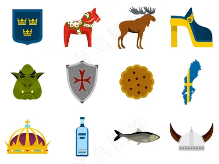 扁平化瑞典旅游图标集合矢量素材