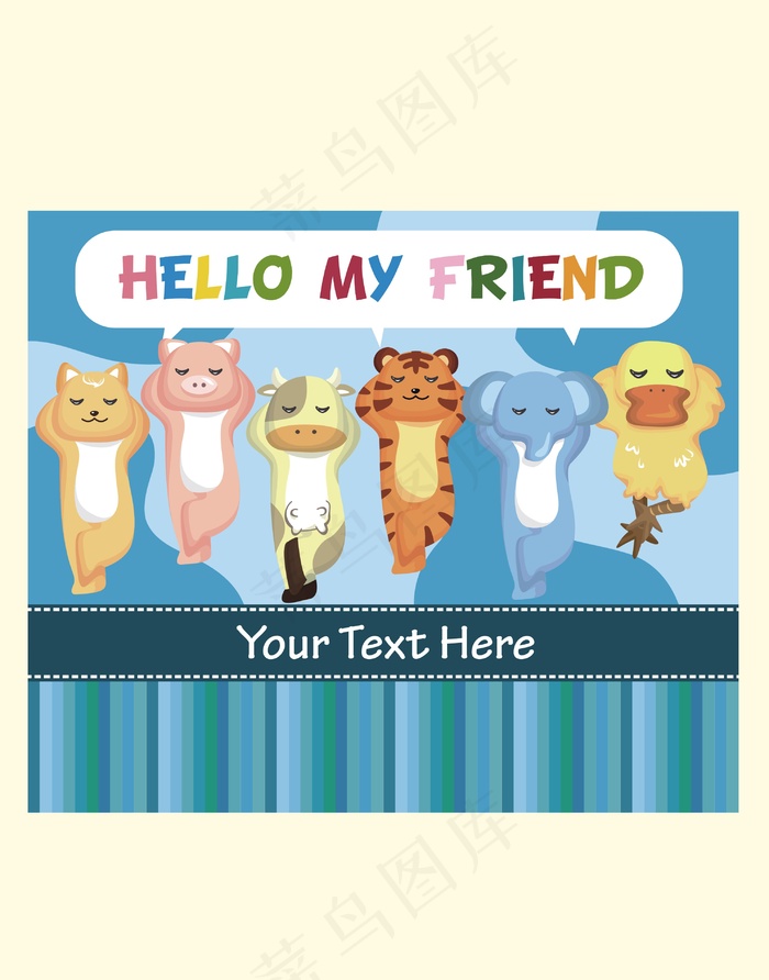 卡通动物场景插画大象老虎牛鸭子猫咪...