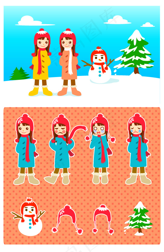 雪人和小女孩矢量素材ai矢量模版下载