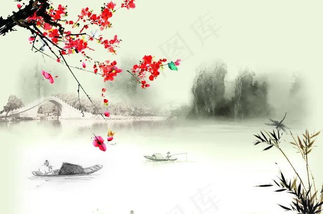 山水壁画psd模版下载