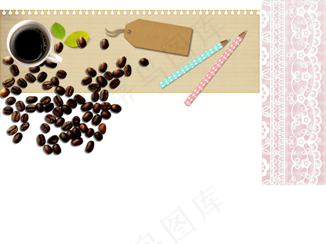 咖啡杯子树叶吊牌铅笔咖啡豆底纹psd模版下载