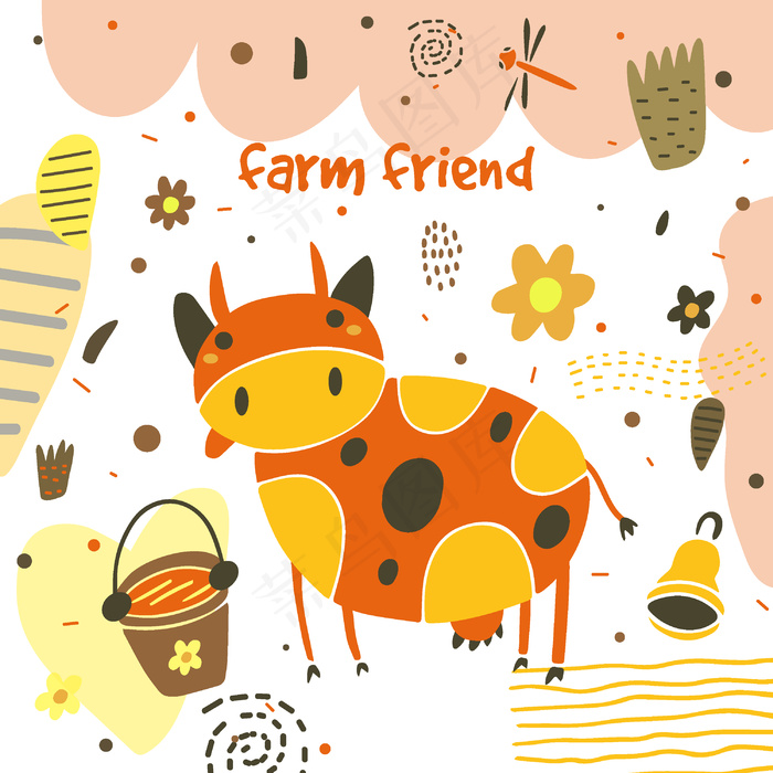 卡通动物牛装饰画插画背景元素设计