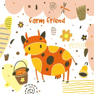 卡通动物牛装饰画插画背景元素设计