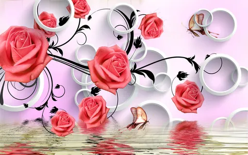 现代3D玫瑰花藤水面倒影彩蝶背景墙... 现代3D玫瑰花藤水面倒影彩蝶背景墙...