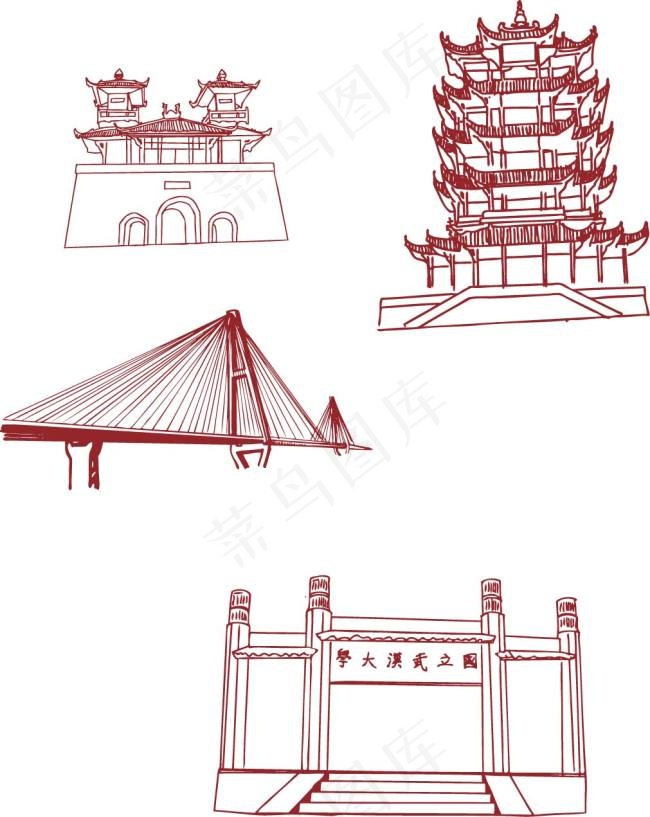 手绘武汉名胜古迹ai矢量模版下载