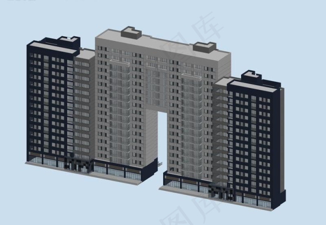 现代简洁风格对称建筑3D立体模型图