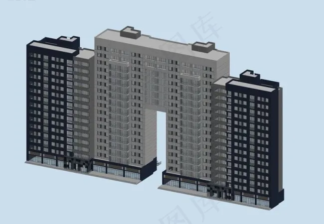现代简洁风格对称建筑3D立体模型图