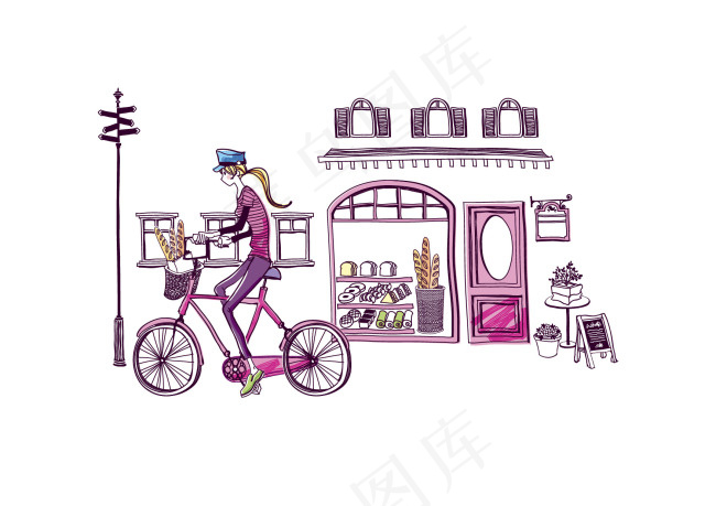 手绘女孩骑脚踏车面包