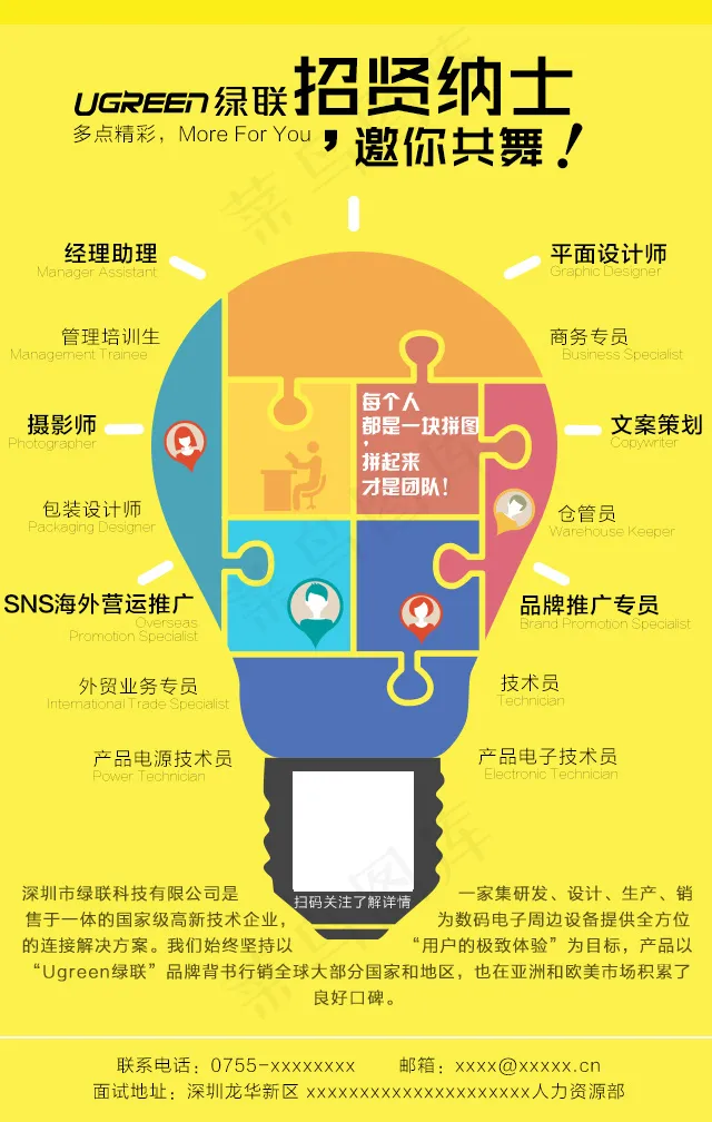 创意灯泡拼图招贤纳士招聘海报高清PSDpsd模版下载