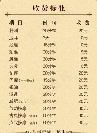 中医推拿价格表图片