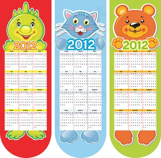 2012新年可爱动物挂历矢量素材