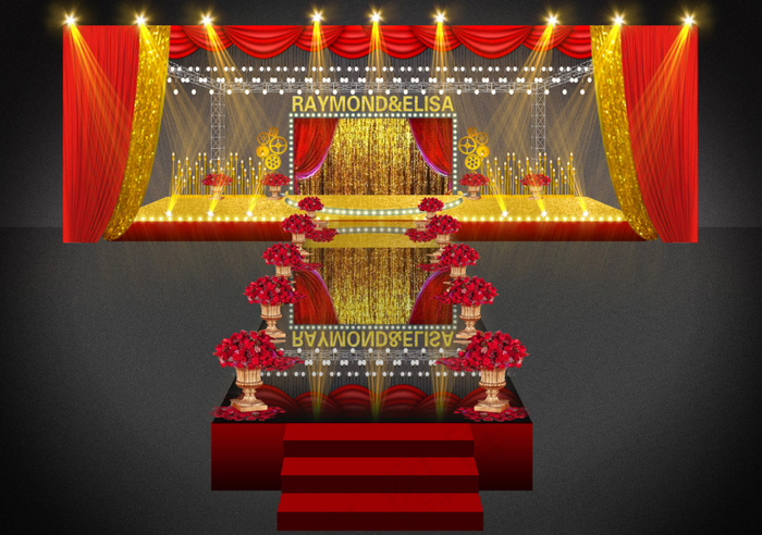 主题婚礼红金婚礼豪华婚礼红幕布鲜花路引灯
