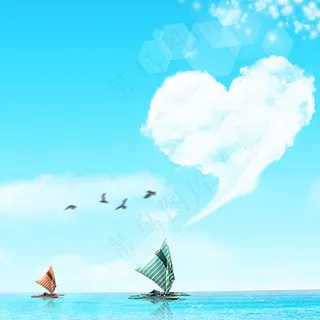 夏日清新心云朵帆船海背景