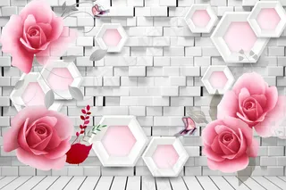 3D浪漫玫瑰砖墙电视背景墙